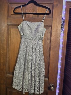 OC by Oleg Cassini Silver Lace Midi Dress